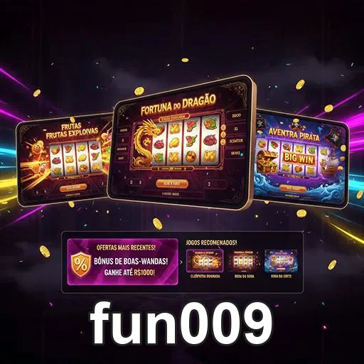 Promoção de jogos de slot no site fun009, com cores vibrantes e gráficos envolventes.
